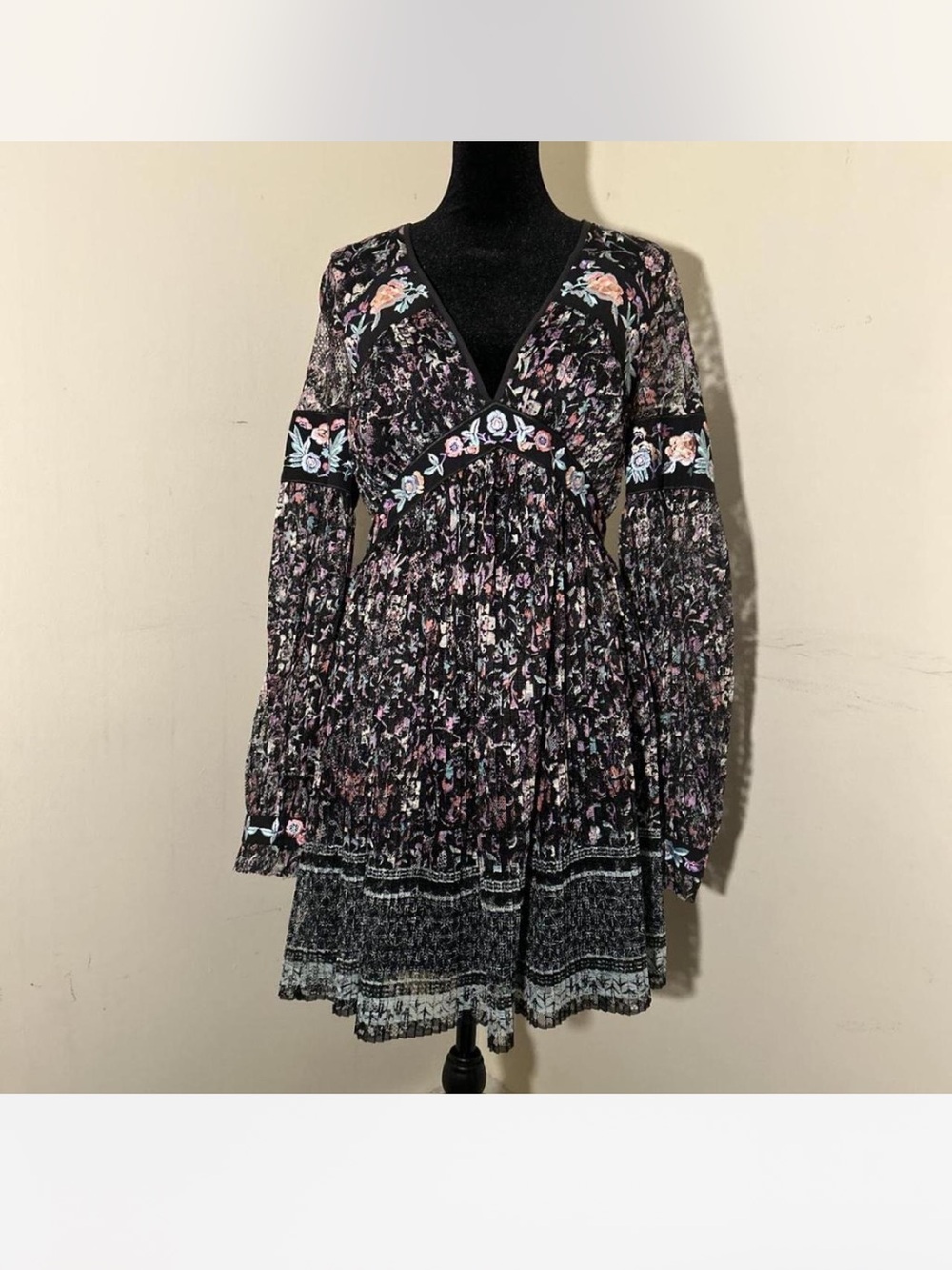 Free People Black Floral Embroidered Long Sleeve dress